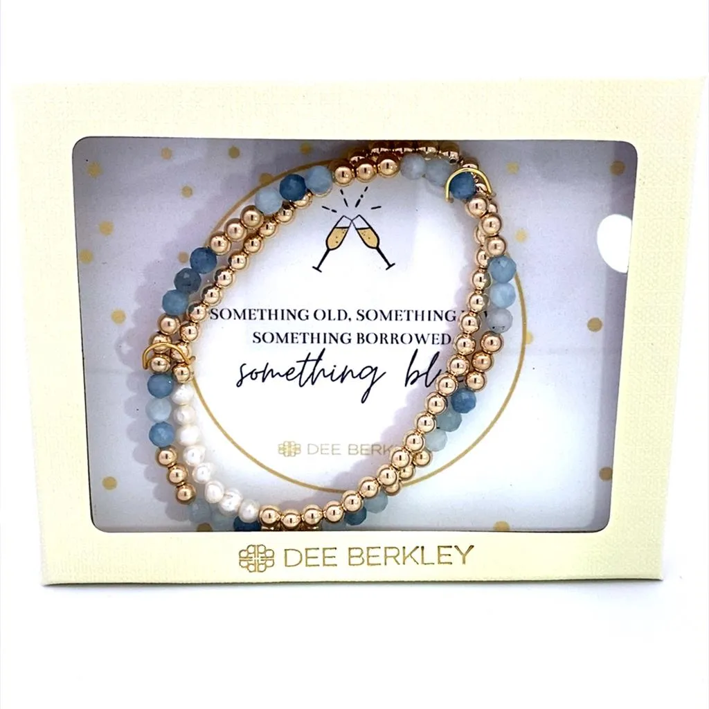 Set Of 2: Gold Filled Beads With Pearl Bar, And Gold Filled Beads And Aquamarine In "Something Blue" Cream Gift 