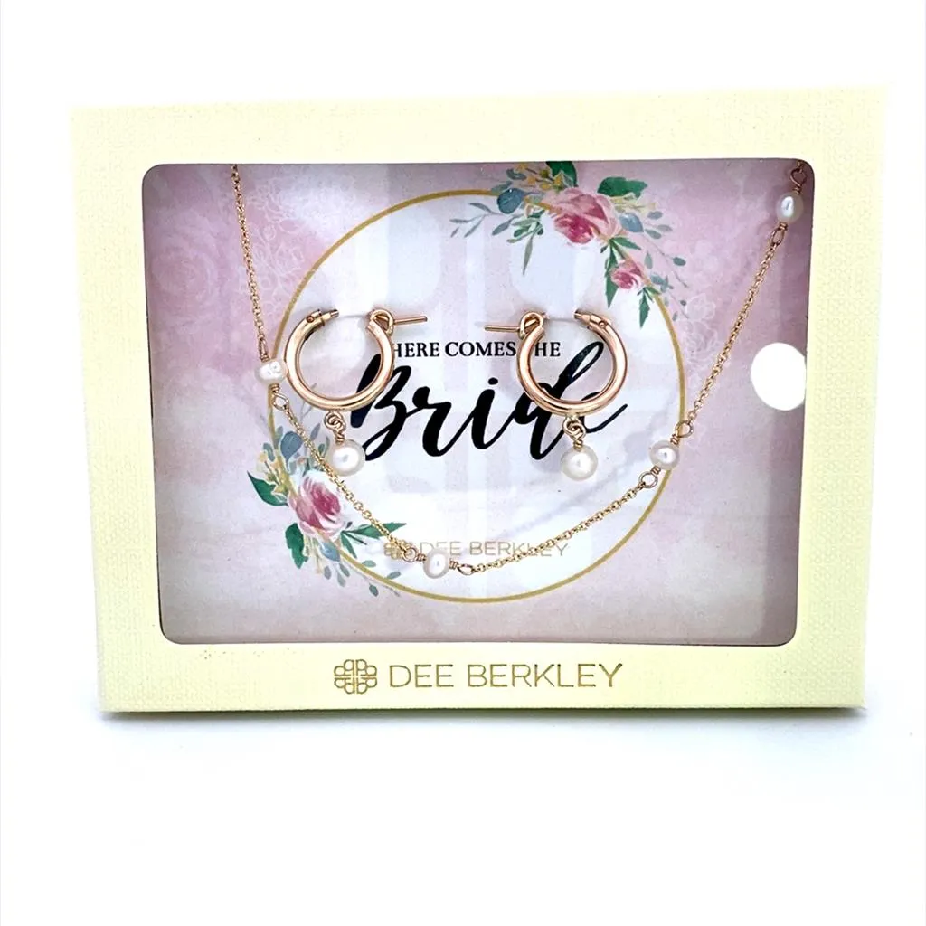Set Of 2: Gold Filled Earring Hoops With Pearl Drop, And Gold Filled Necklace With Stationed Pearls In "Here Comes The Bride" Cream Gift Box 