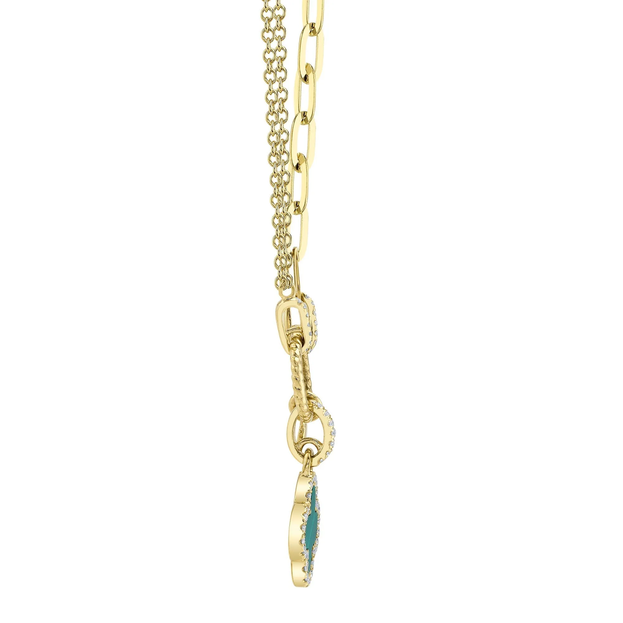 Shy Creation 0.12Ct Diamond & 0.54Ct Malachite Clover Paper Clip Link Necklace SC55023332