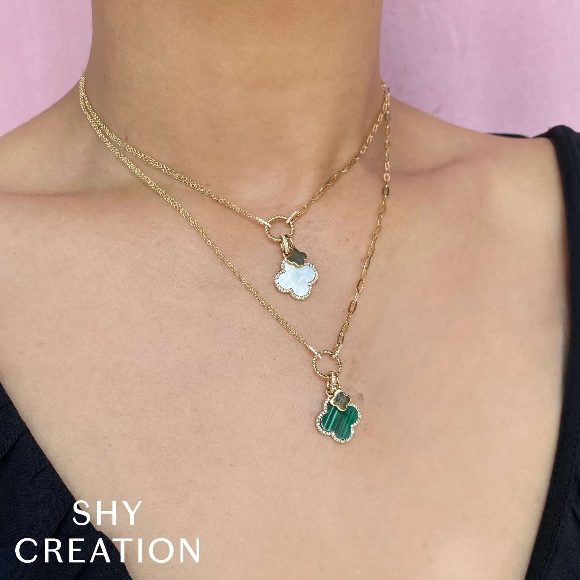 Shy Creation 0.17Ct Diamond & 1.36Ct Mother Of Pearl Clover Paper Clip Link Necklace SC55023485V2