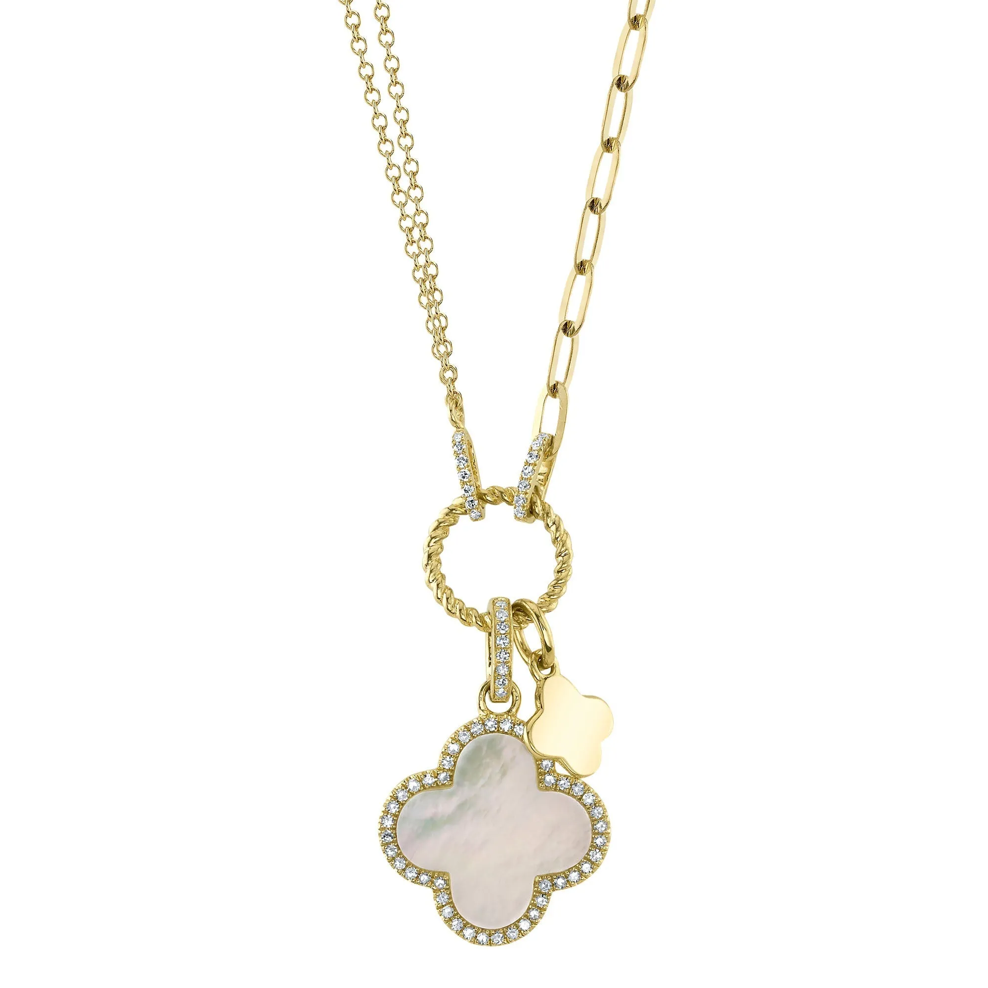 Shy Creation 0.17Ct Diamond & 1.36Ct Mother Of Pearl Clover Paper Clip Link Necklace SC55023485V2 