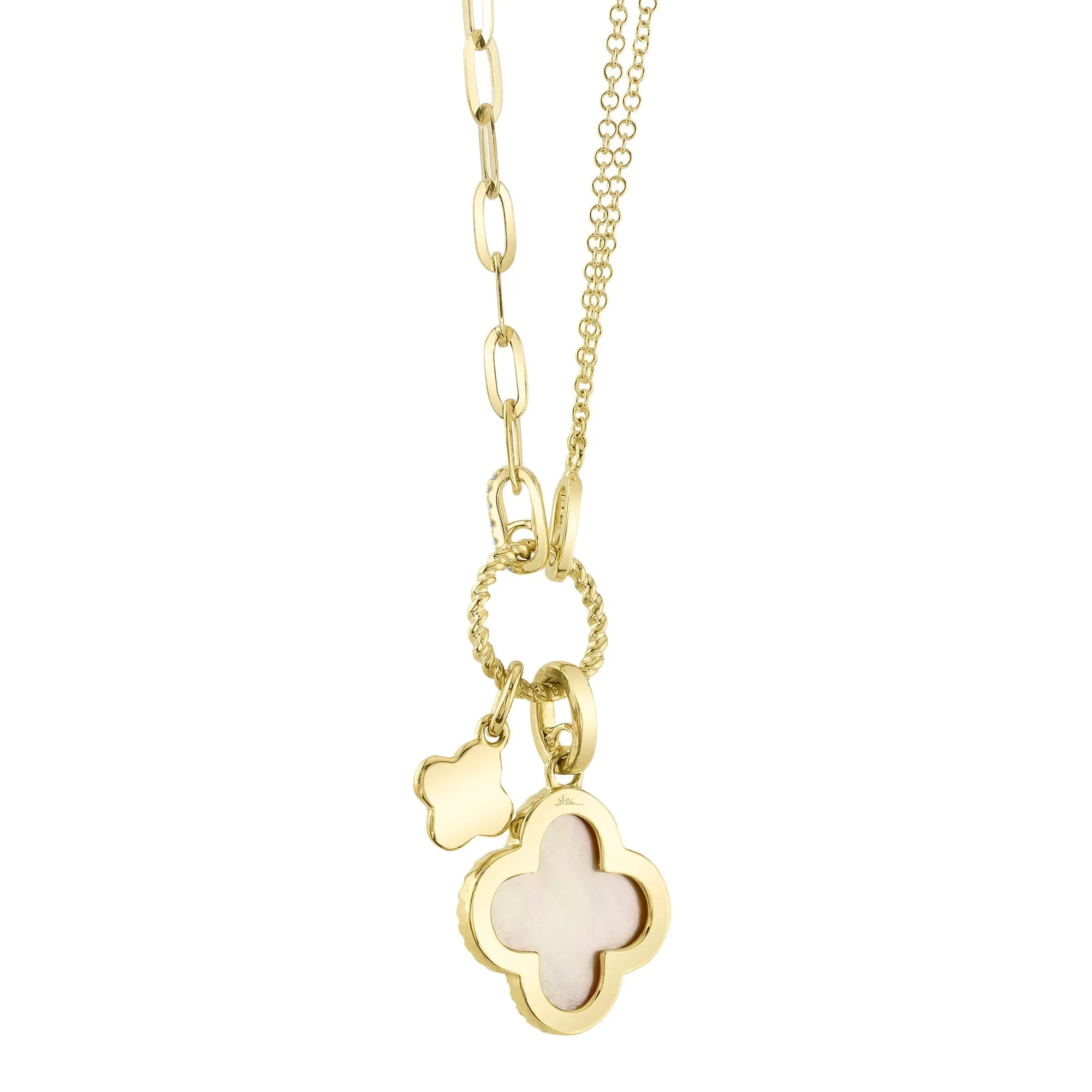 Shy Creation 0.17Ct Diamond & 1.36Ct Mother Of Pearl Clover Paper Clip Link Necklace SC55023485V2
