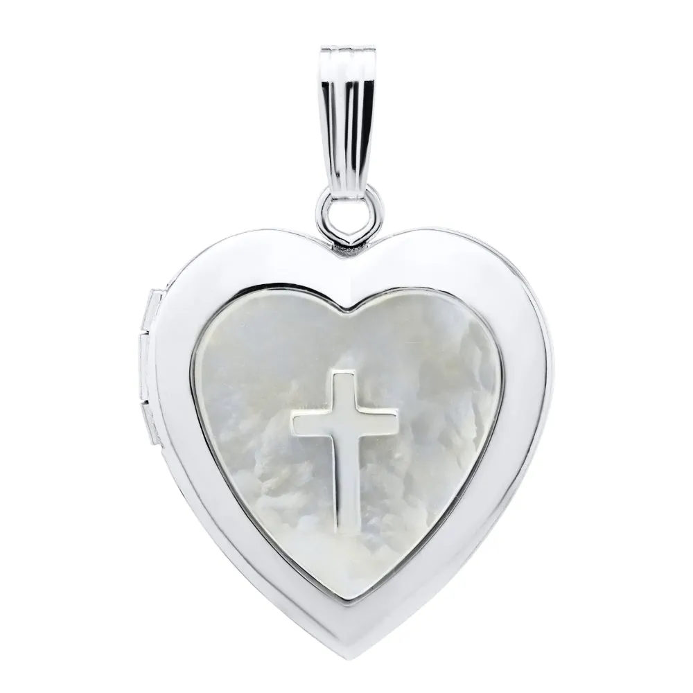 Silver & Mother of Pearl Heart with Cross Locket Necklace 18" 