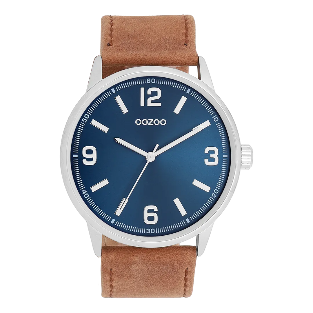 Silver coloured OOZOO watch with brown leather strap - C11501