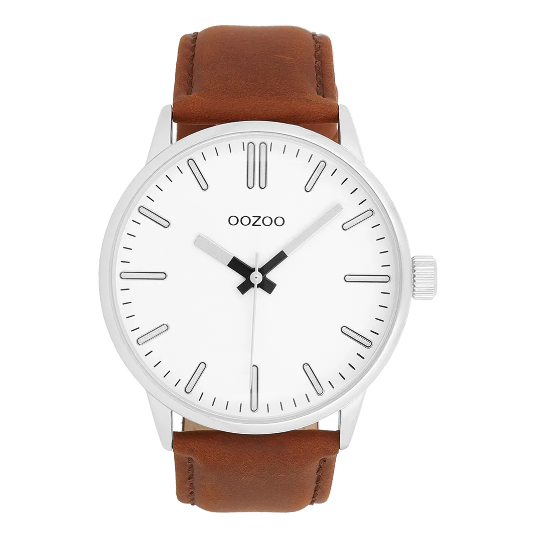 Silver coloured OOZOO watch with brown leather strap - C11513