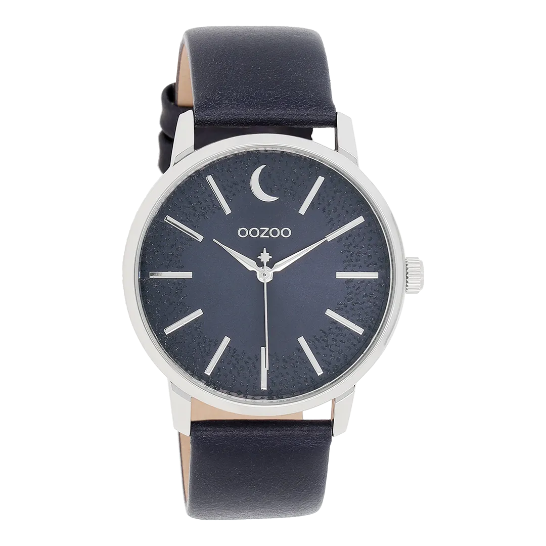 Silver coloured OOZOO watch with dark blue leather strap - C11043