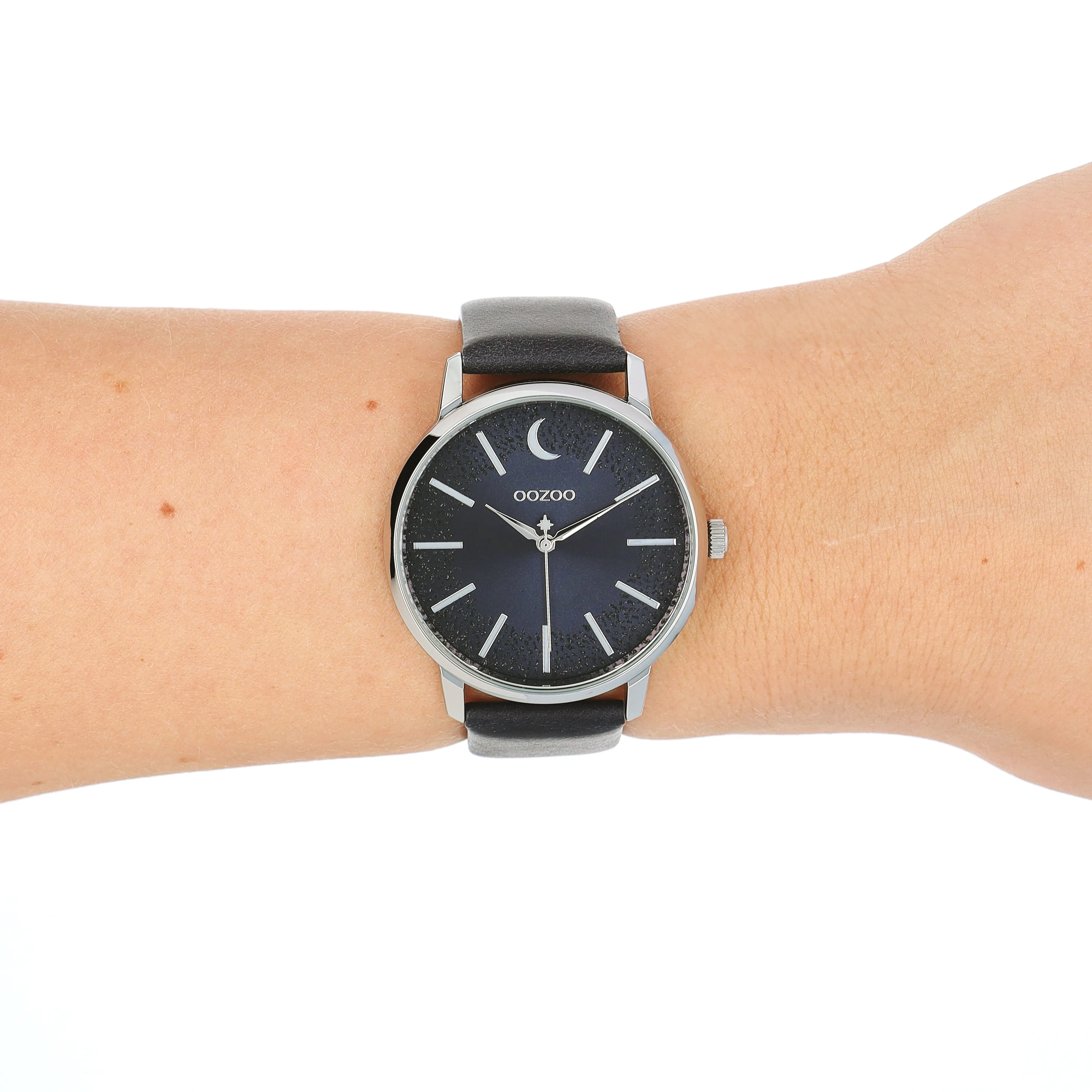 Silver coloured OOZOO watch with dark blue leather strap - C11043