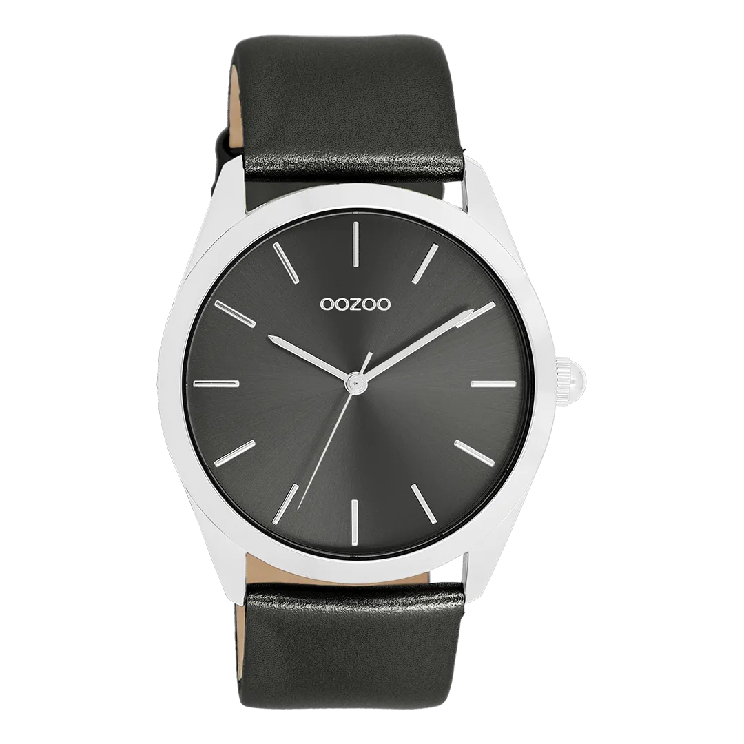 Silver coloured OOZOO watch with dark grey leather strap - C11338