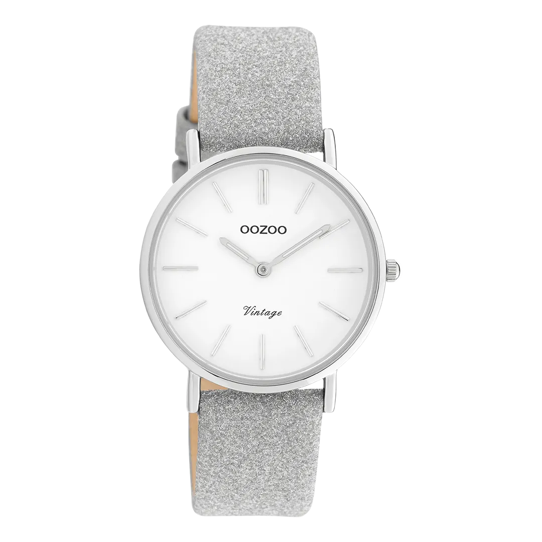 Silver coloured OOZOO watch with leather strap - C20155