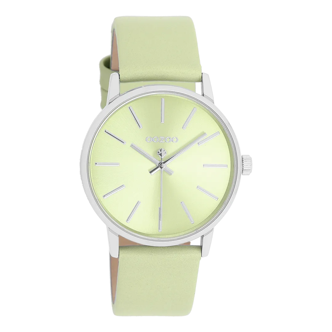 Silver coloured OOZOO watch with light green leather strap - C11370