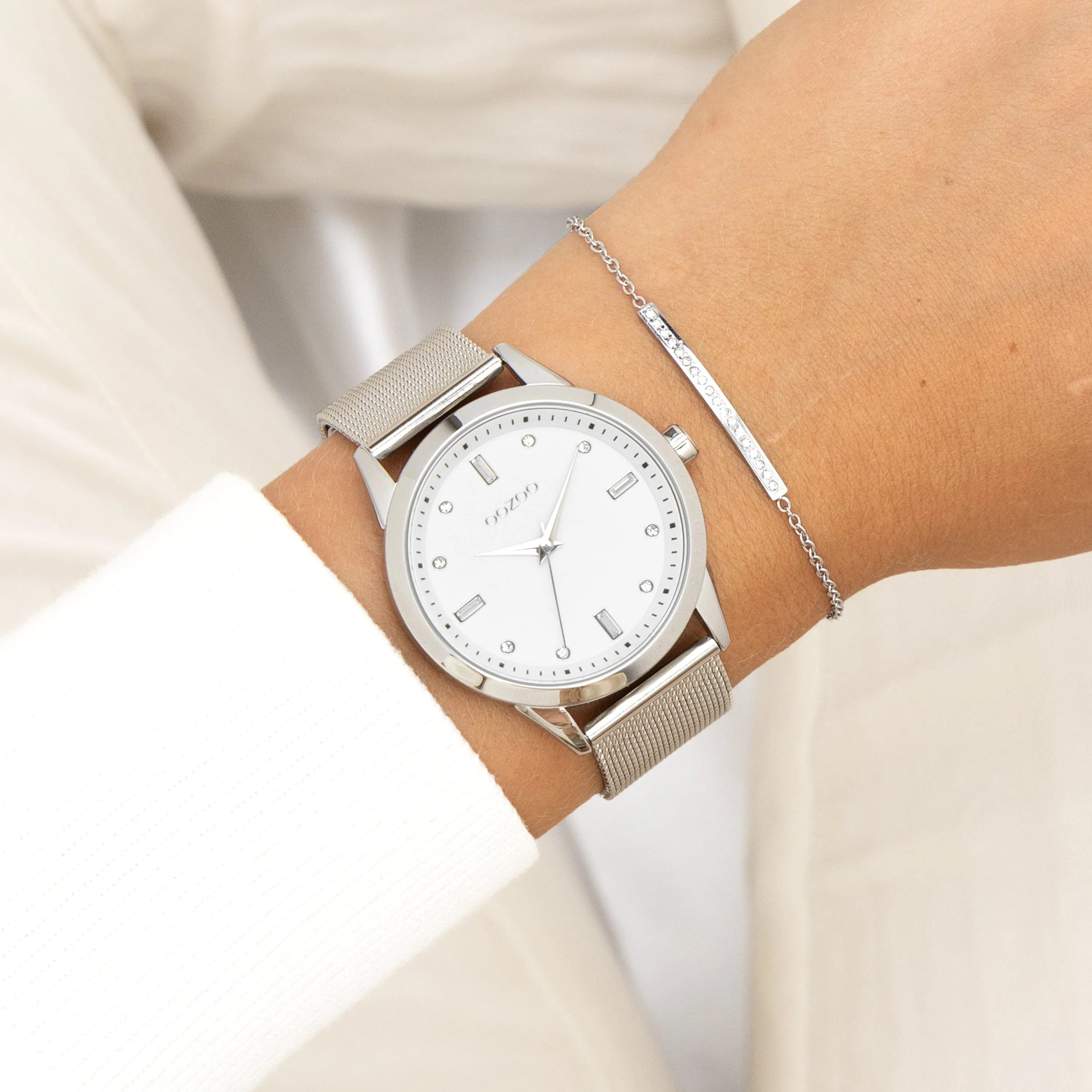 Silver coloured OOZOO watch with metal mesh bracelet - C11280