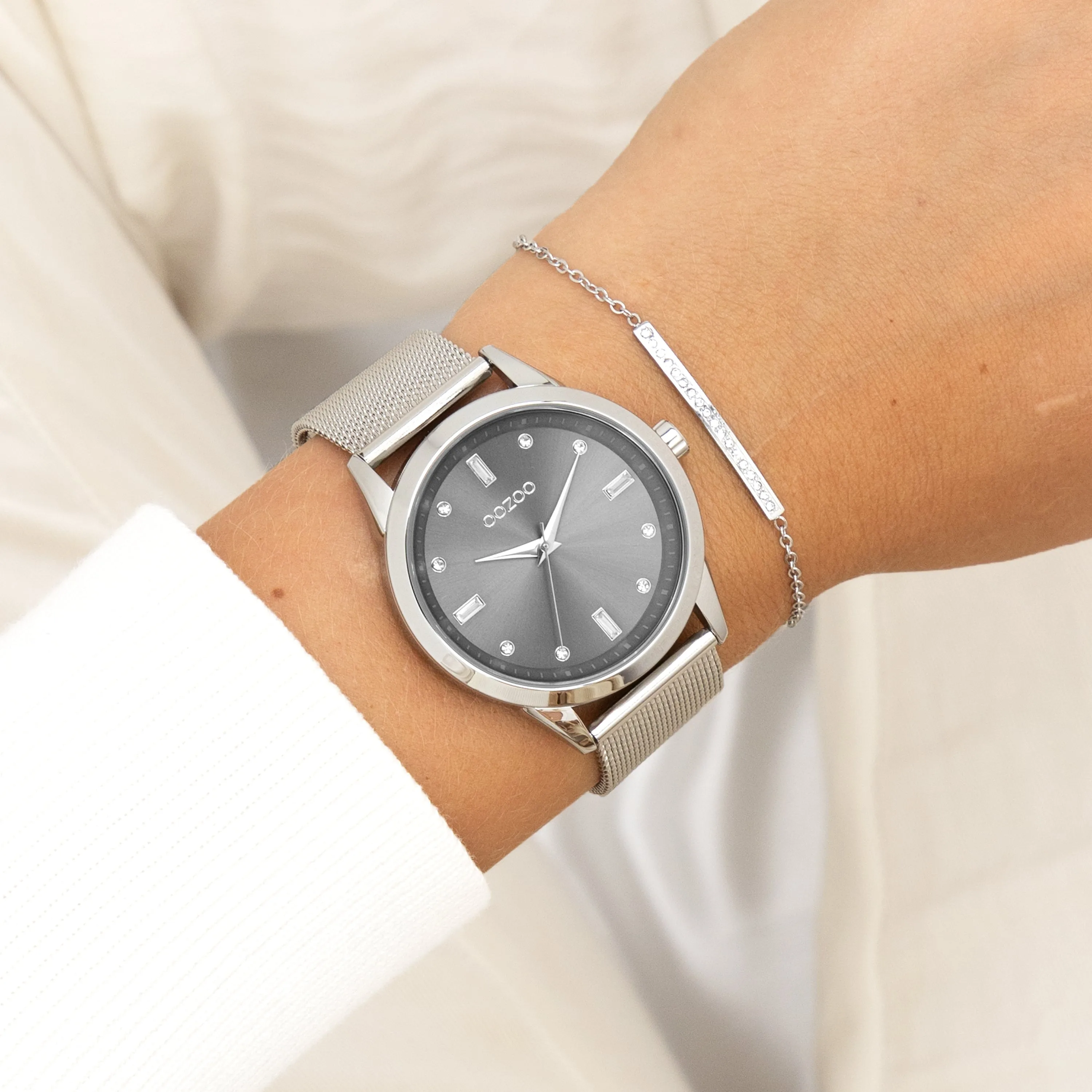 Silver coloured OOZOO watch with metal mesh bracelet - C11281