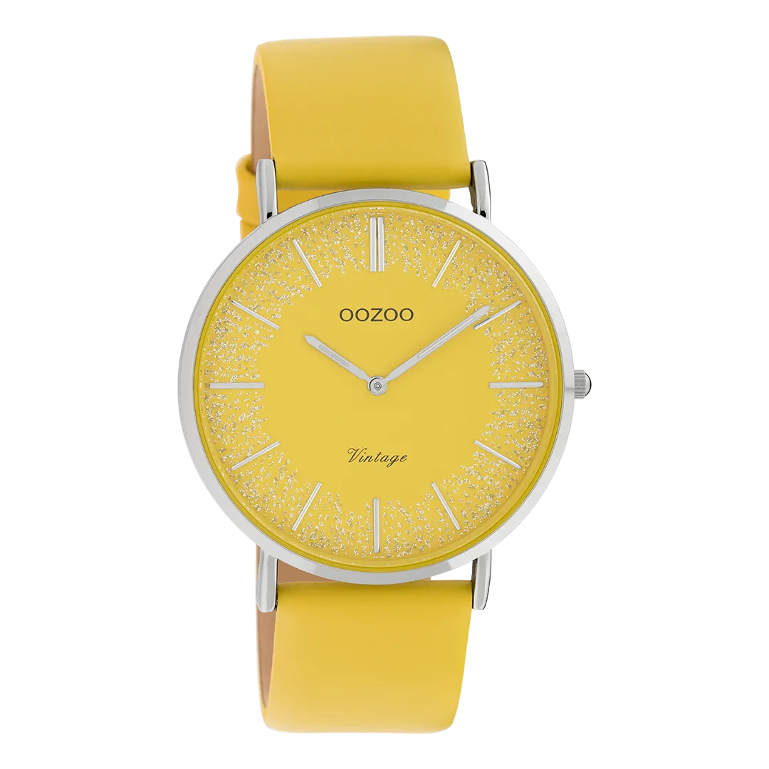Silver coloured OOZOO watch with mustard yellow leather strap - C20128