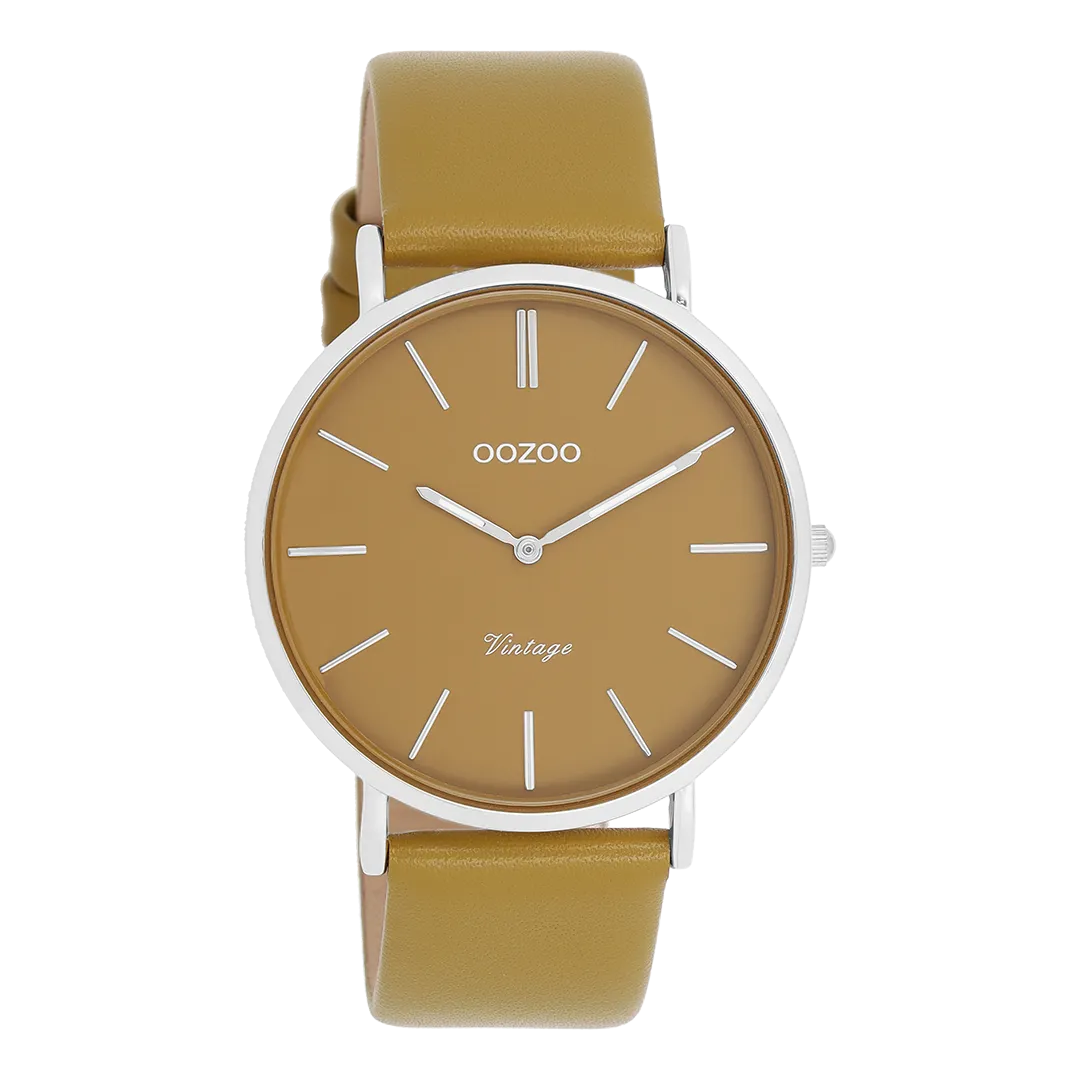Silver coloured OOZOO watch with olive leather strap - C20326