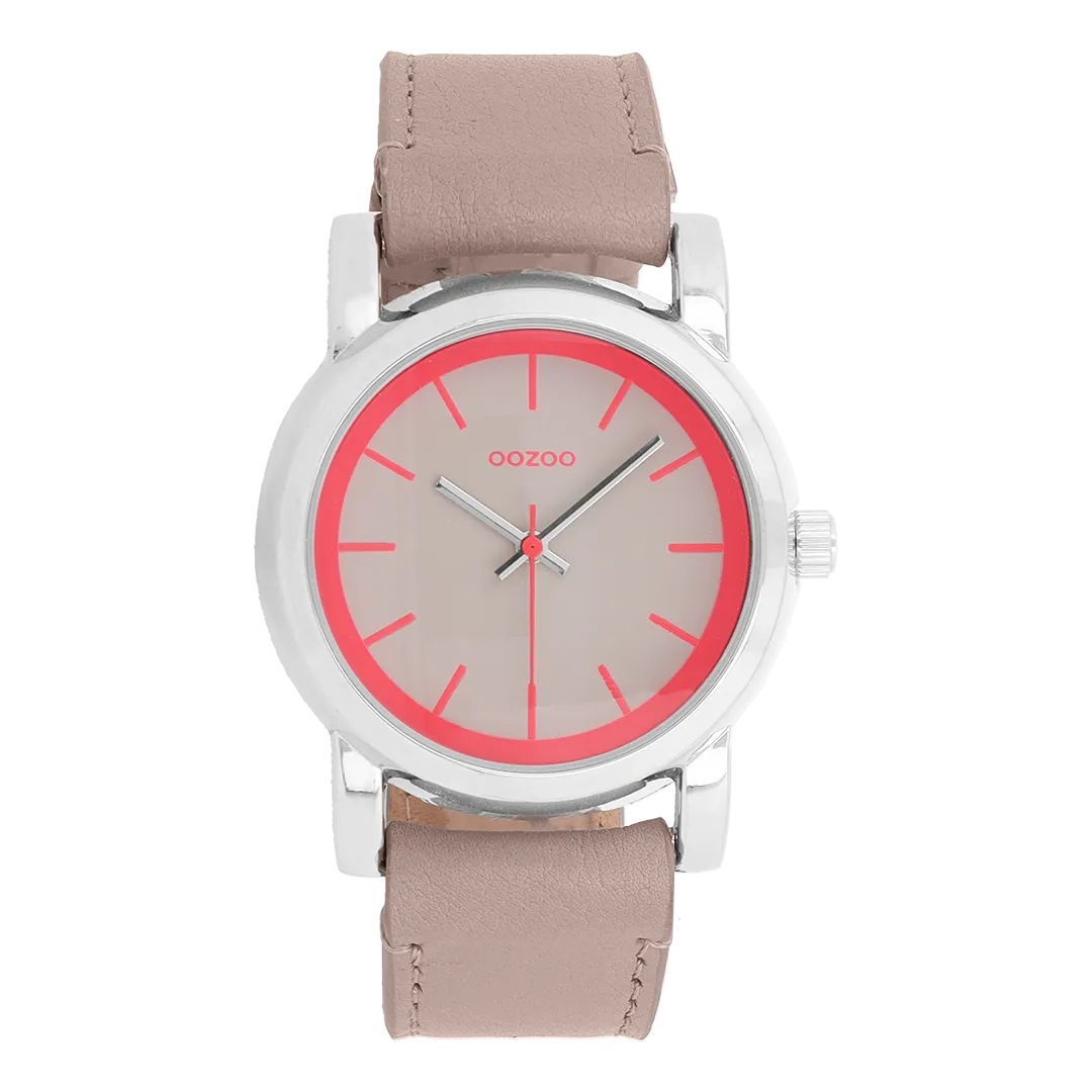 Silver coloured OOZOO watch with pink grey leather strap - C7183