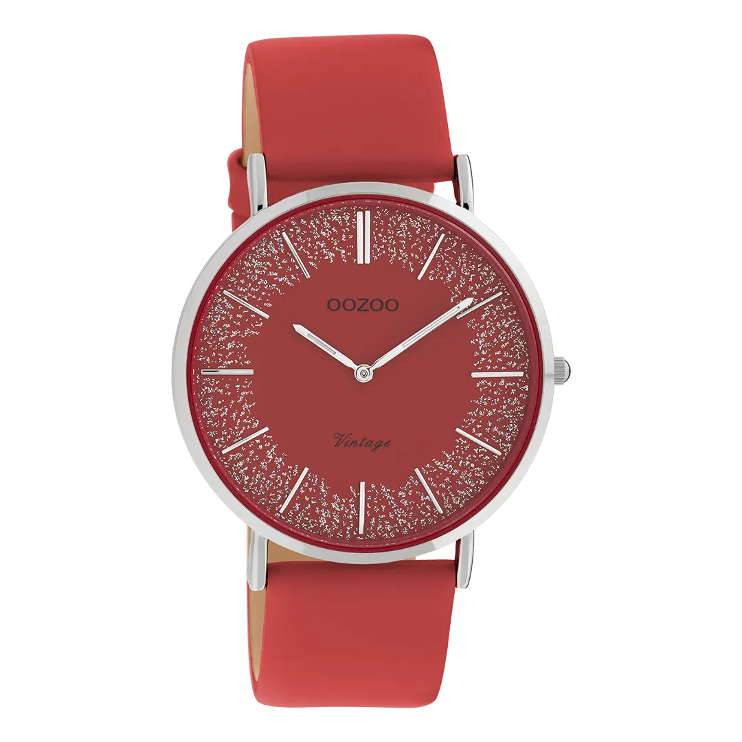 Silver coloured OOZOO watch with red leather strap - C20129