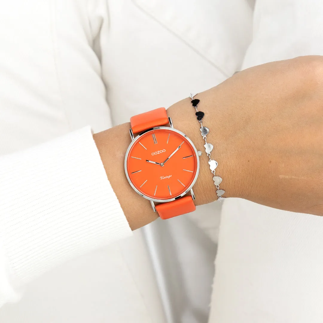 Silver coloured OOZOO watch with red/orange leather strap - C20320