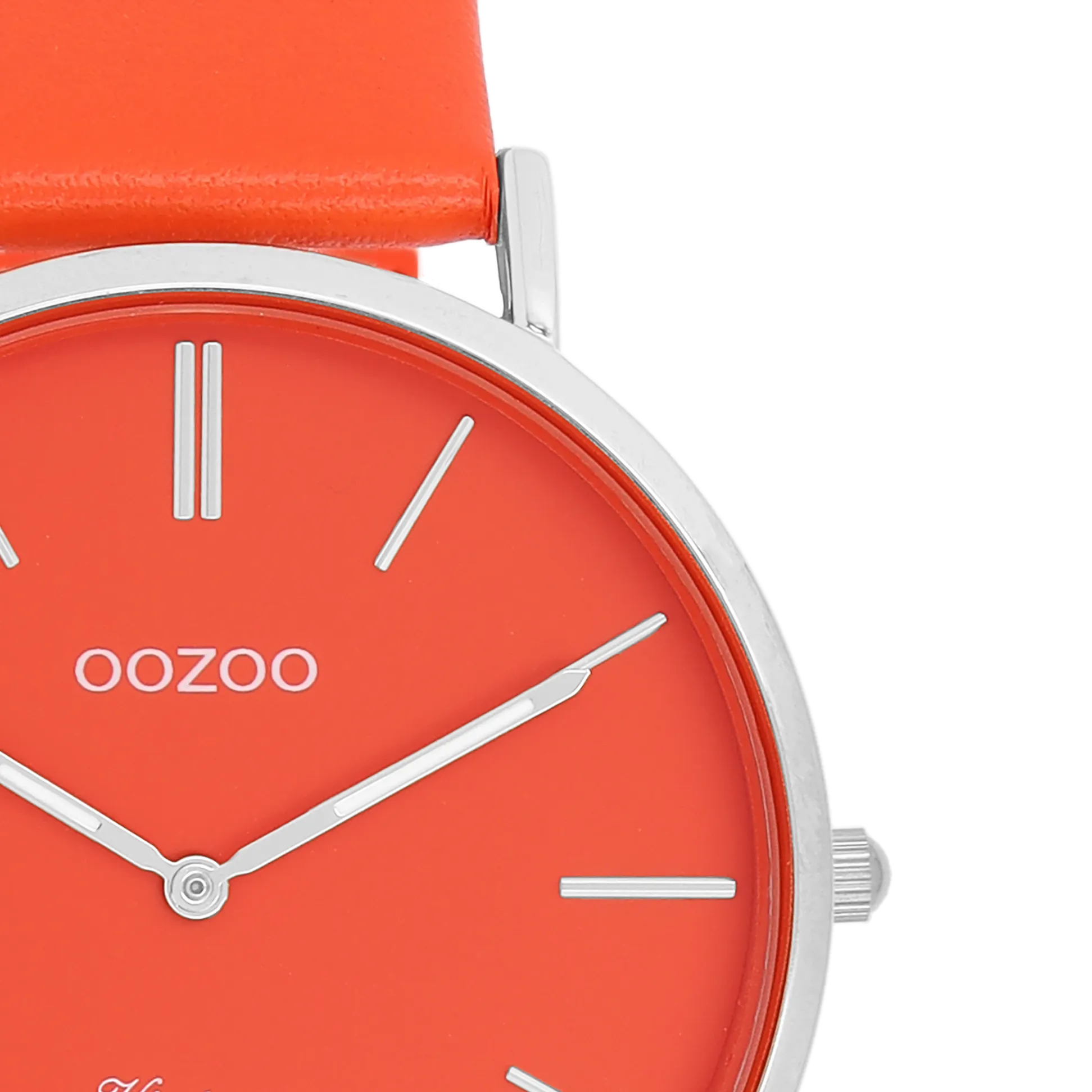 Silver coloured OOZOO watch with red/orange leather strap - C20320