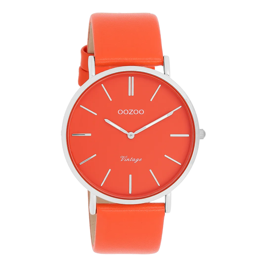 Silver coloured OOZOO watch with red/orange leather strap - C20320
