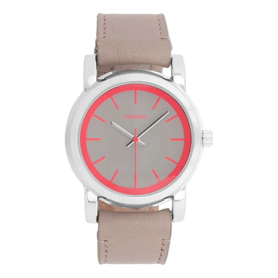 Silver coloured OOZOO watch with taupe leather strap - C7182