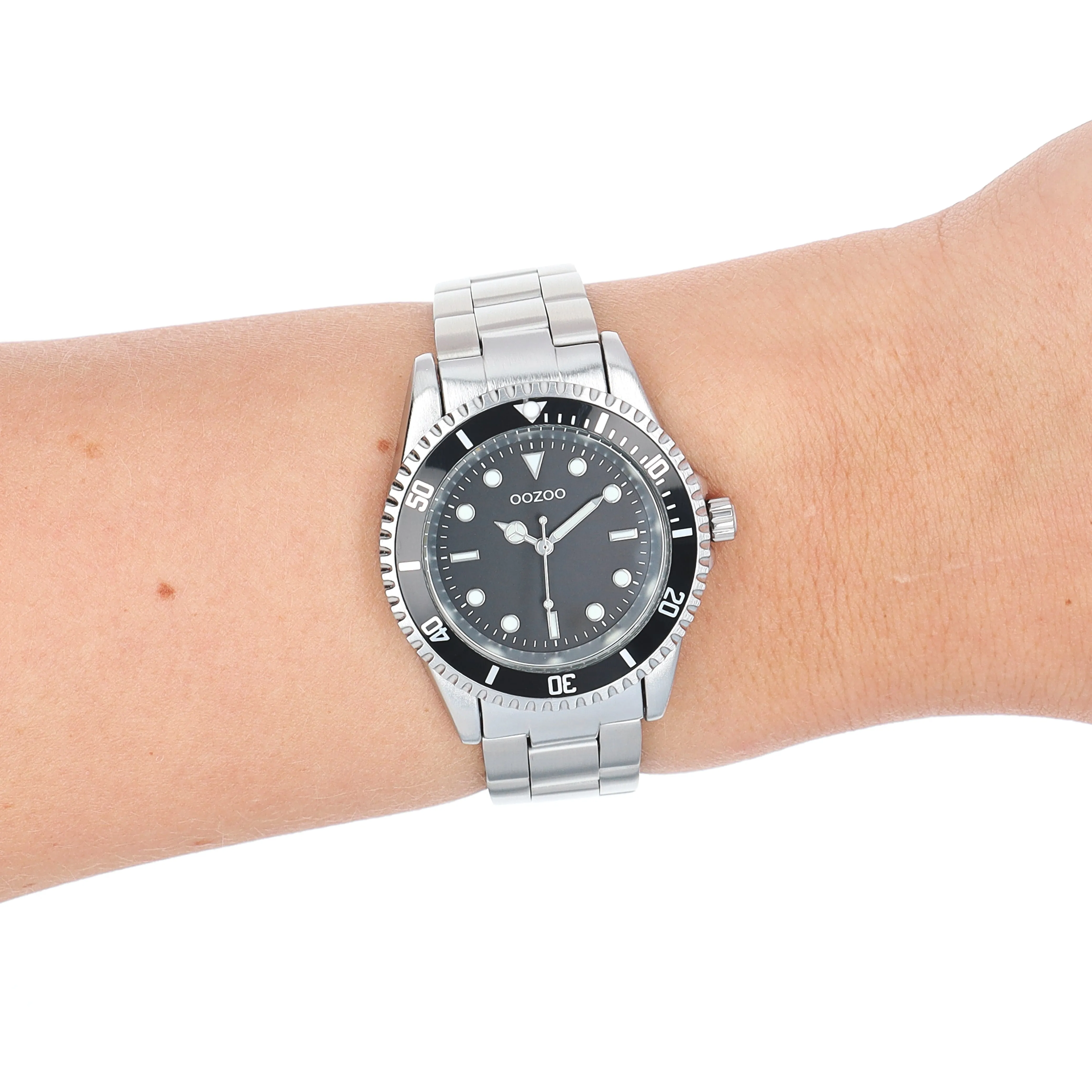 Silver coloured/black OOZOO watch with silver coloured stainless steel bracelet - C11147