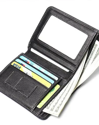 Simple Black Leather Men's Bifold Small Wallet on sale Front Pocket billfold Wallet on sale For Men