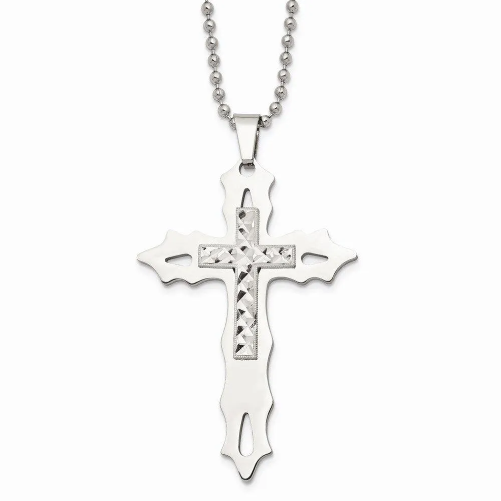 Stainless Steel & Sterling Silver Diamond Cut and Polished Cross Necklace 