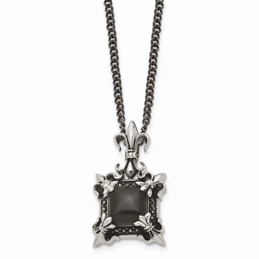 Stainless Steel Antiqued & Black Agate & Fleur de lis Necklace 