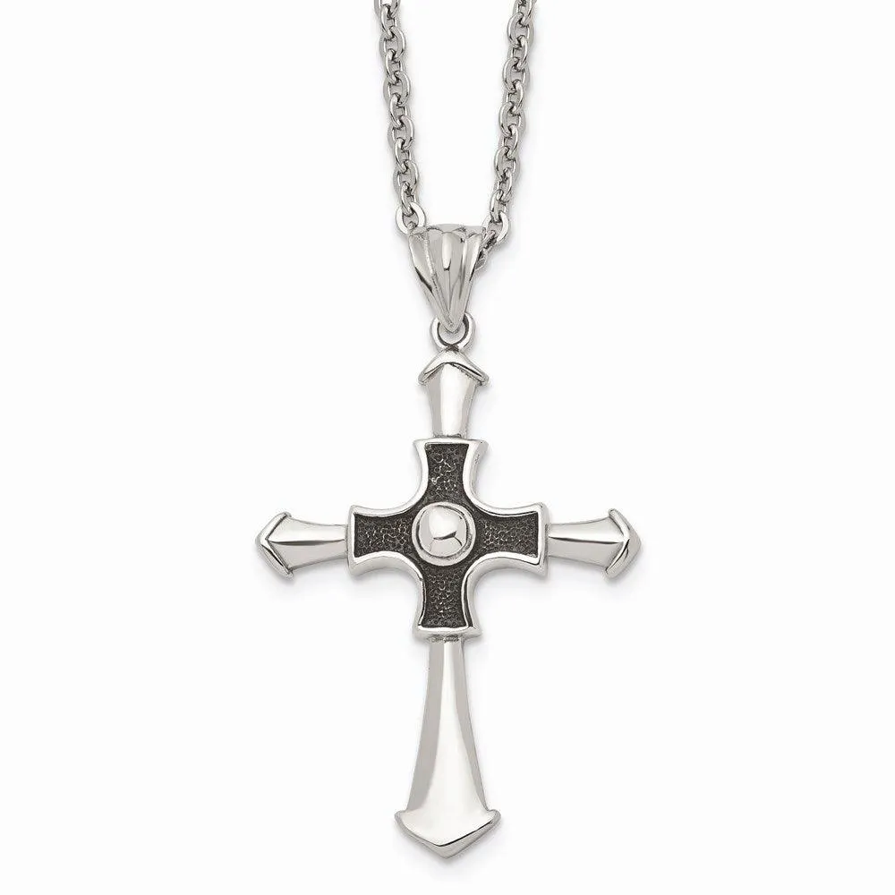 Stainless Steel Antiqued & Polished Cross 22in Necklace 