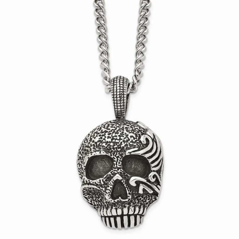 Stainless Steel Antiqued & Textured Skull 24in Necklace 