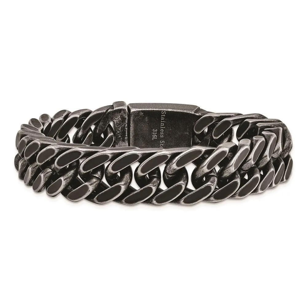 Stainless Steel Antiqued and Brushed 15mm Curb 8.5in Link Bracelet
