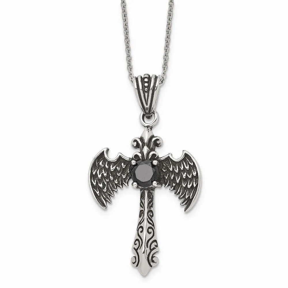 Stainless Steel Antiqued and Polished w/ Black CZ Cross Necklace 