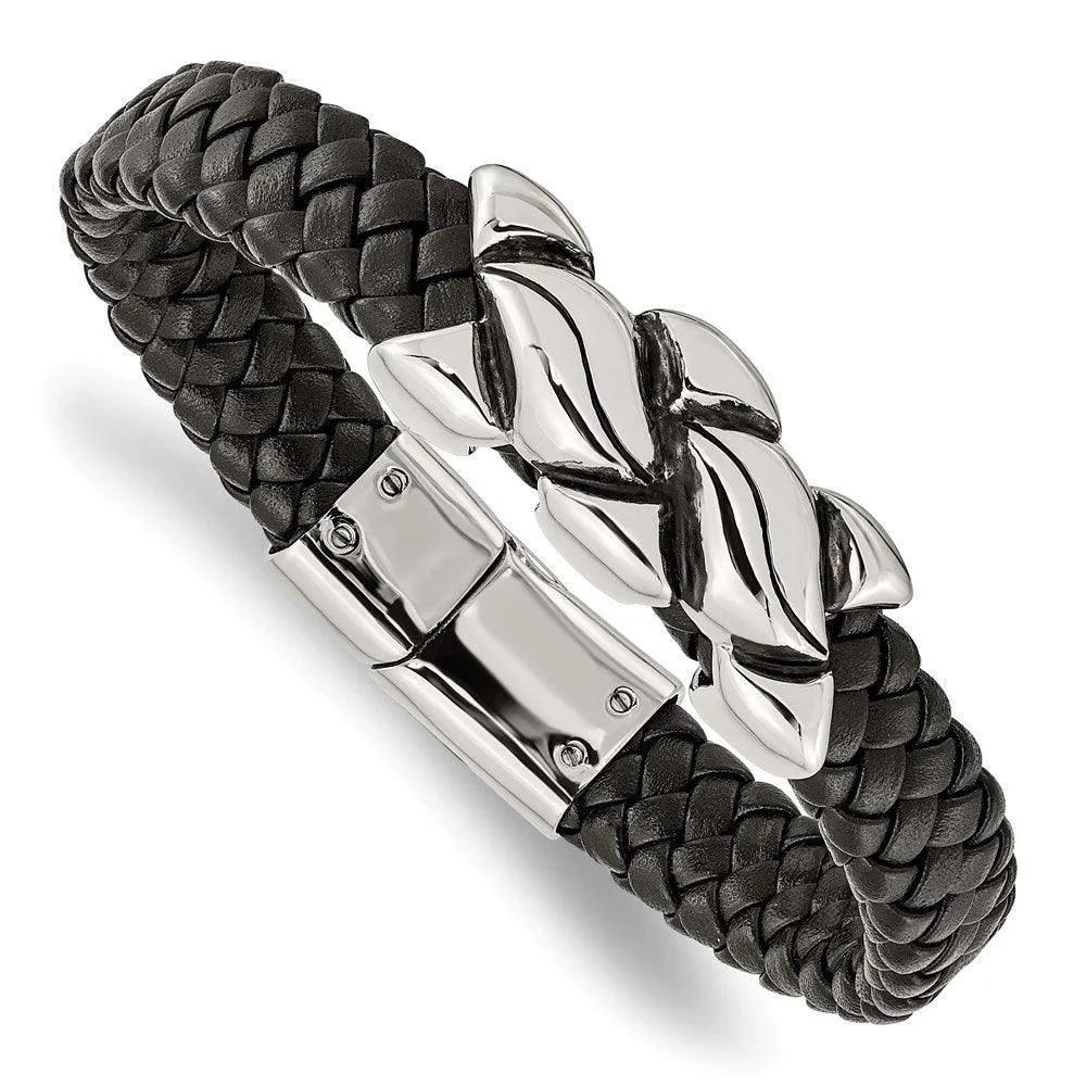 Stainless Steel Antiqued Black Leather Bracelet 