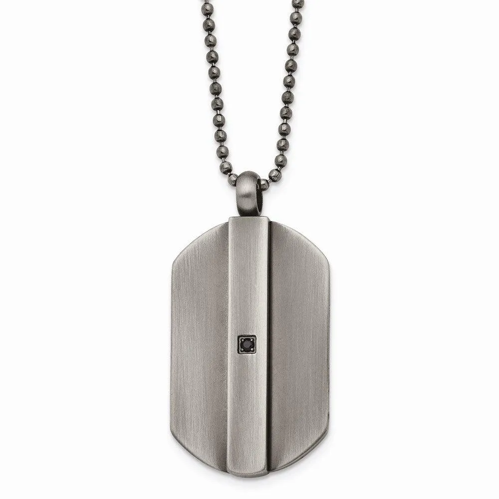 Stainless Steel Antiqued Brushed w/Black CZ Necklace 