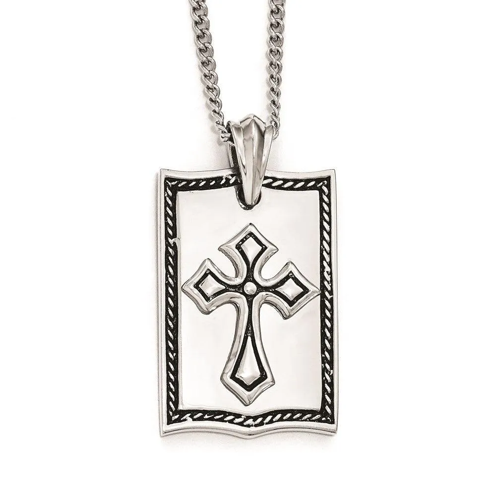 Stainless Steel Antiqued Cross Dog Tag Necklace 