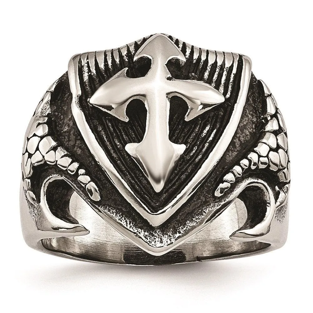 Stainless Steel Antiqued Shield Ring