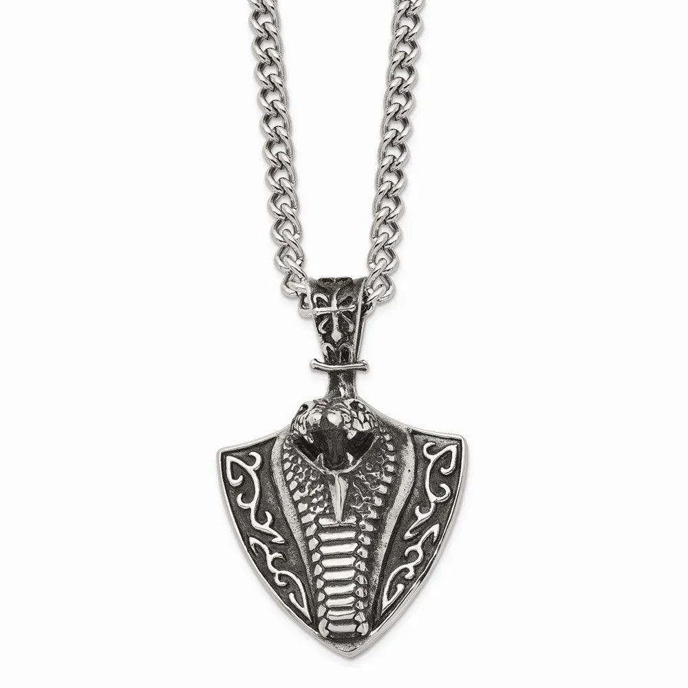 Stainless Steel Antiqued Snake on Shield 30in Necklace 