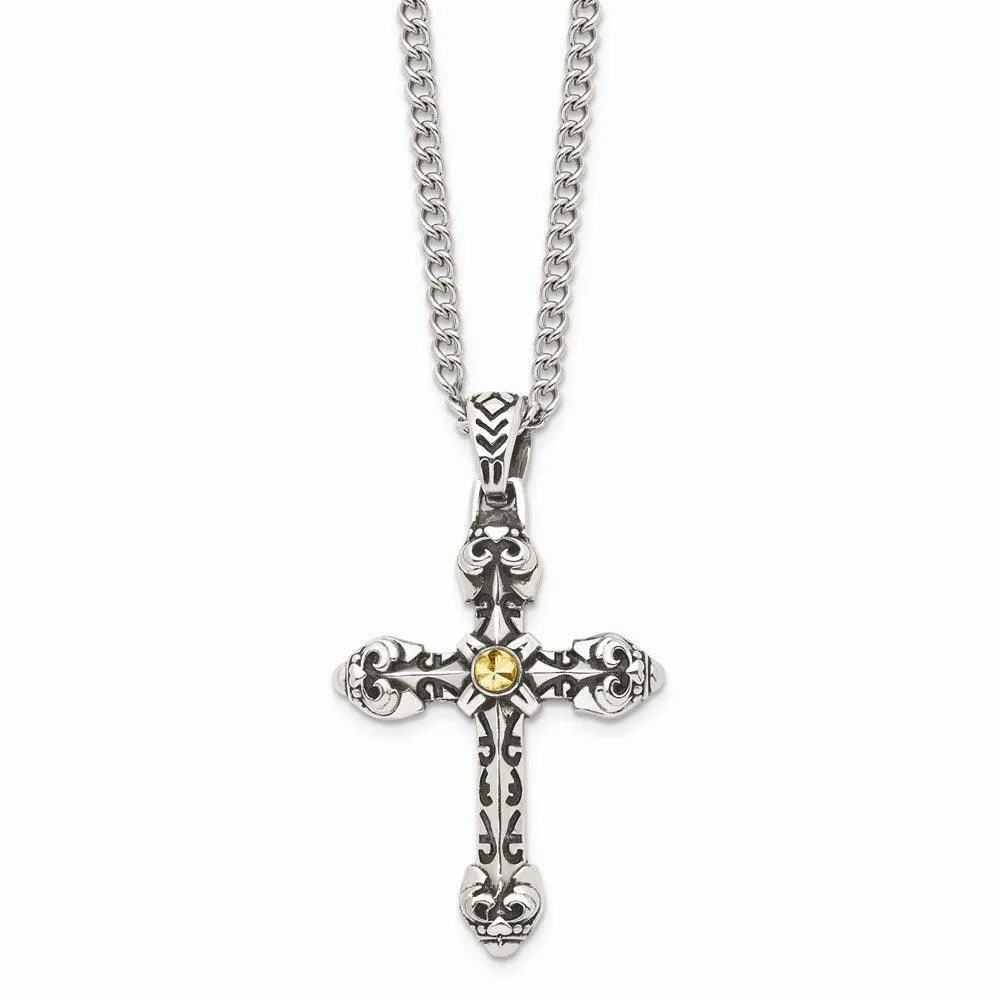 Stainless Steel Antiqued Yellow IP-plated D/C Center Cross Necklace 
