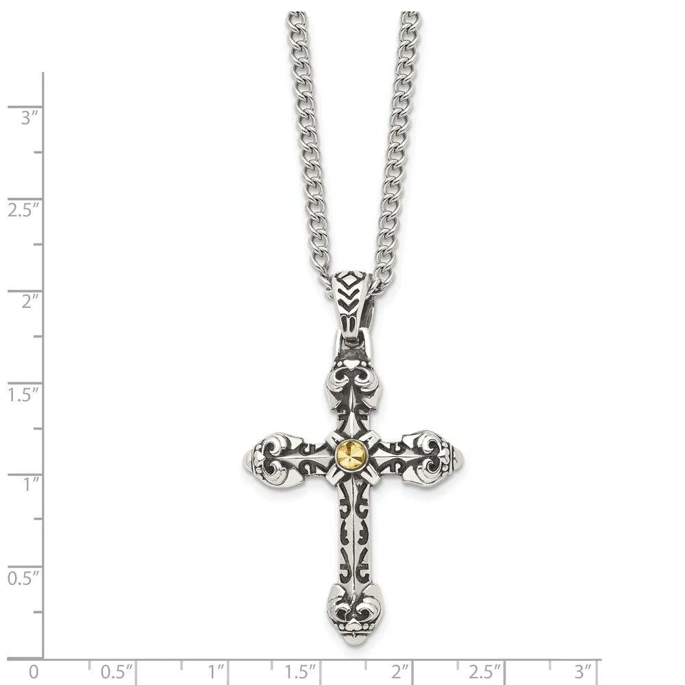 Stainless Steel Antiqued Yellow IP-plated D/C Center Cross Necklace