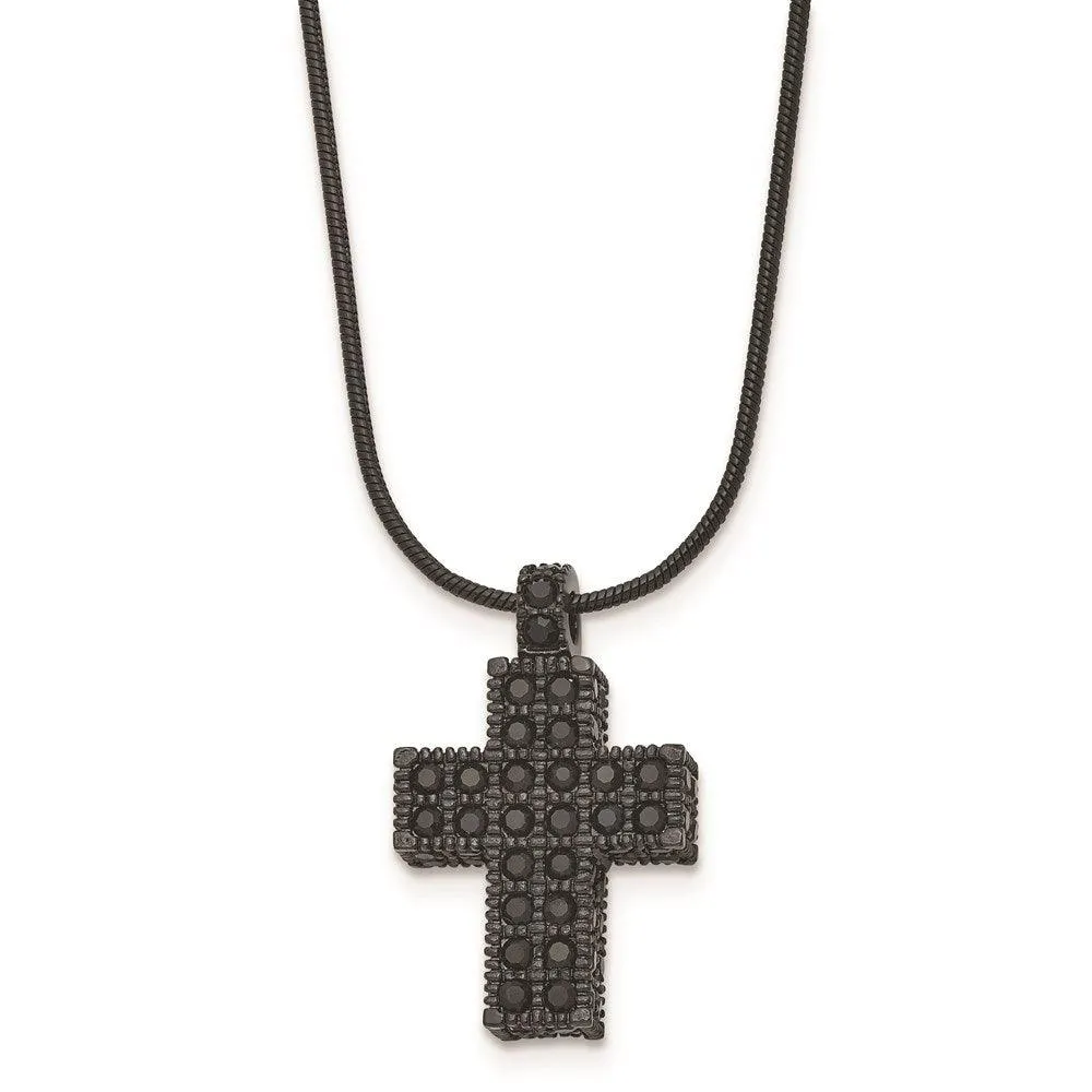 Stainless Steel Black IP-plated Black Crystal Cross w/2in ext Necklace 