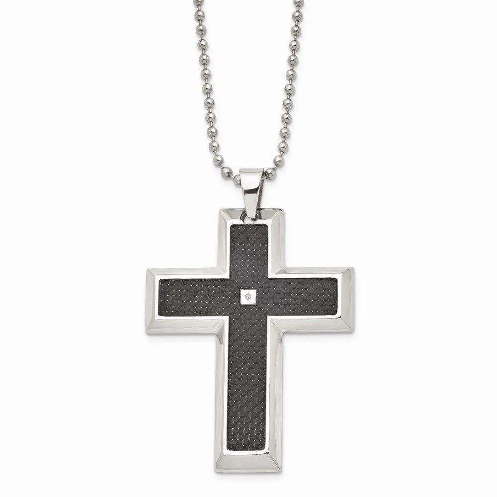 Stainless Steel Blk Carbon Fiber Inlay .01ct. Diamond Accent Cross Necklace 