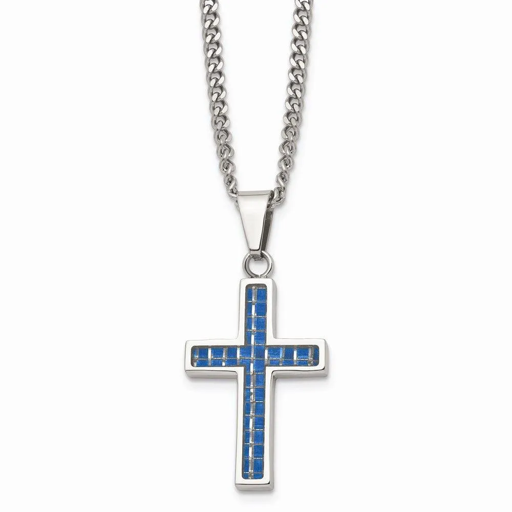 Stainless Steel Blue Carbon Fiber Inlay Polished Small Cross Necklace 
