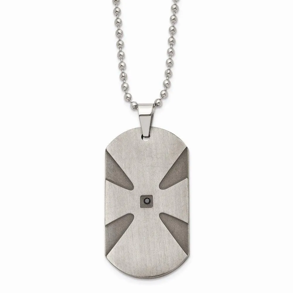 Stainless Steel Brushed .03ct Black Diamond Dog Tag Necklace 
