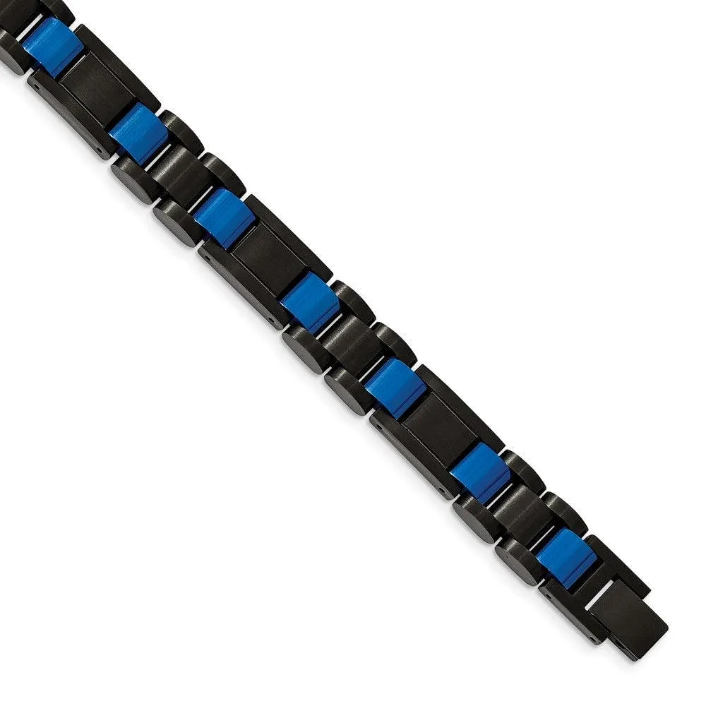 Stainless Steel Brushed & Polished Black & Blue IP-plated 8.75in Bracelet 