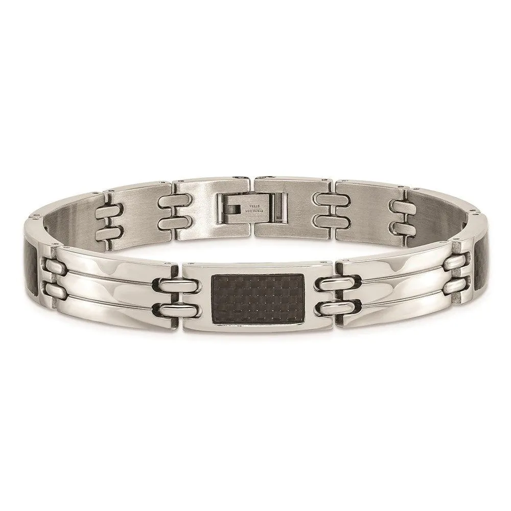 Stainless Steel Brushed & Polished Black Carbon Fiber Inlay 8.5in Bracelet