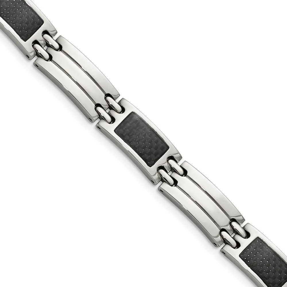 Stainless Steel Brushed & Polished Black Carbon Fiber Inlay 8.5in Bracelet 