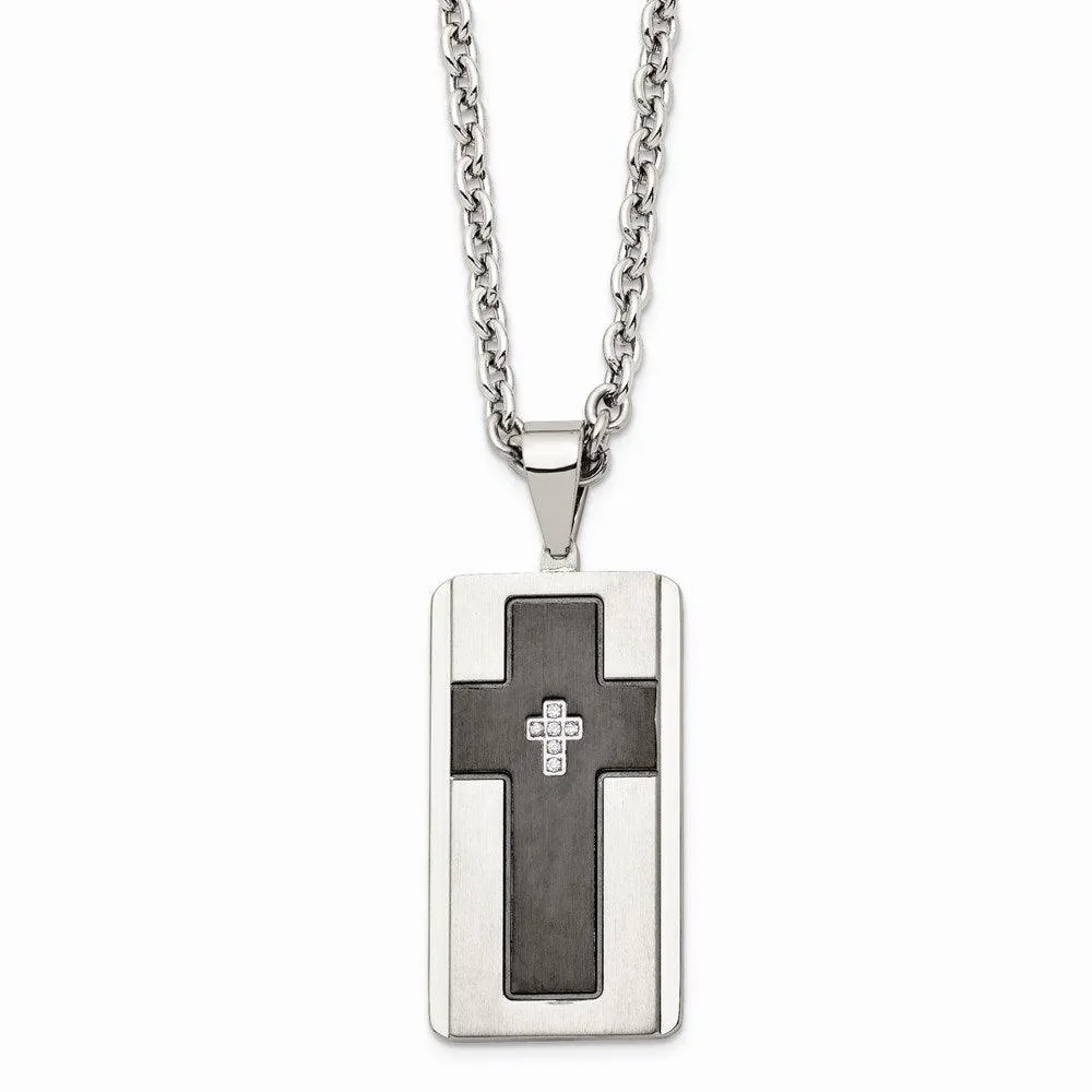 Stainless Steel Brushed & Polished Black IP-plated w/ CZ Necklace 