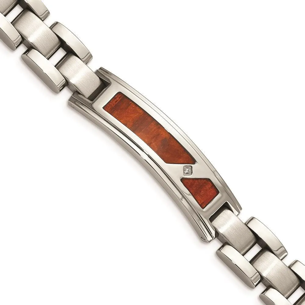 Stainless Steel Brushed & Polished w/ Wood Inlay and CZ Bracelet 