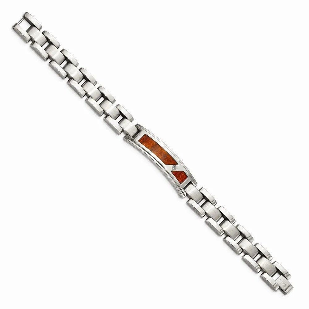 Stainless Steel Brushed & Polished w/ Wood Inlay and CZ Bracelet