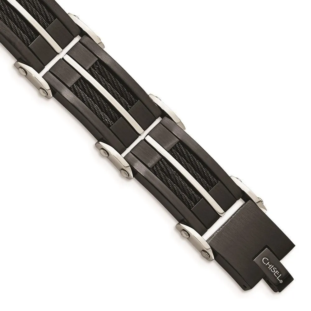 Stainless Steel Brushed & Polished Wire Black IP-plated Bracelet 